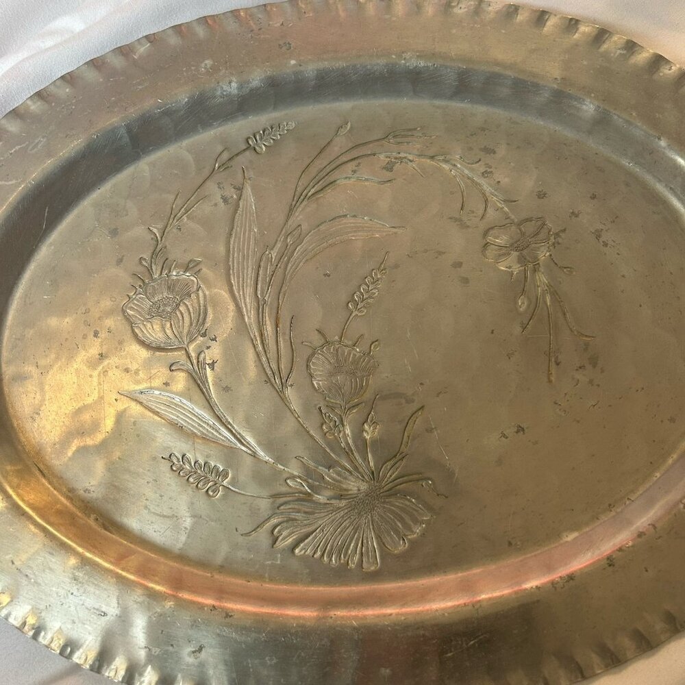 Everlast Metal Hand Forged Aluminum Oval Tray Serving Platter Handles Flowers - Picture 3 of 6
